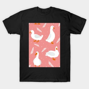 White Pekin Ducks with feathers and dots repeat pattern T-Shirt
